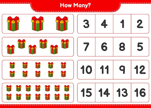 Counting game, how many Gift Box. Educational children game, printable worksheet, vector illustration