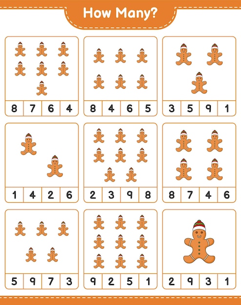 Counting game, how many Gingerbread Man. Educational children game, printable worksheet, vector illustration