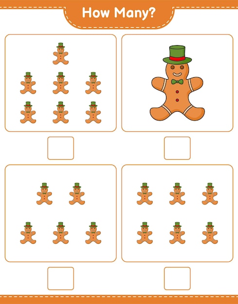 Gioco di conteggio, quanti gingerbread man. gioco educativo per bambini, foglio di lavoro stampabile, illustrazione vettoriale