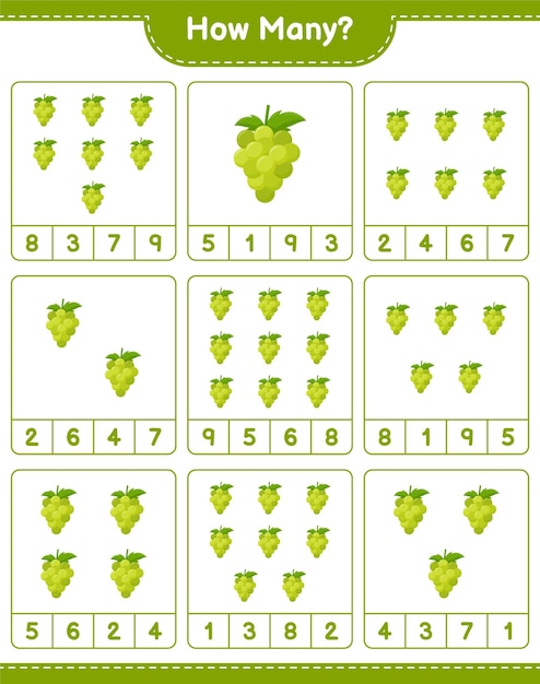 Conteggio del gioco, quanti grape. gioco educativo per bambini, foglio di lavoro stampabile