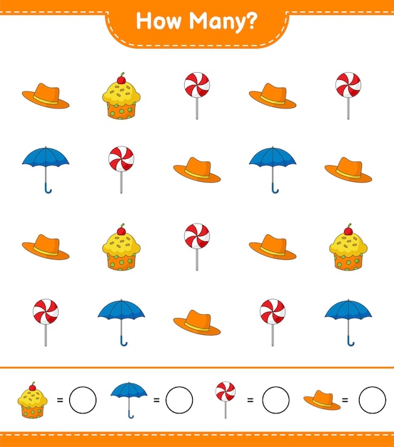 Подсчет игры, сколько шляпы, торта, зонтика и конфет. Развивающая детская игра, лист для печати