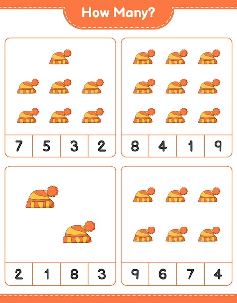 Counting game, how many Hat. Educational children game, printable worksheet, vector illustration