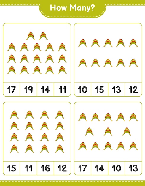 Counting game, how many hat. educational children game, printable worksheet, vector illustration