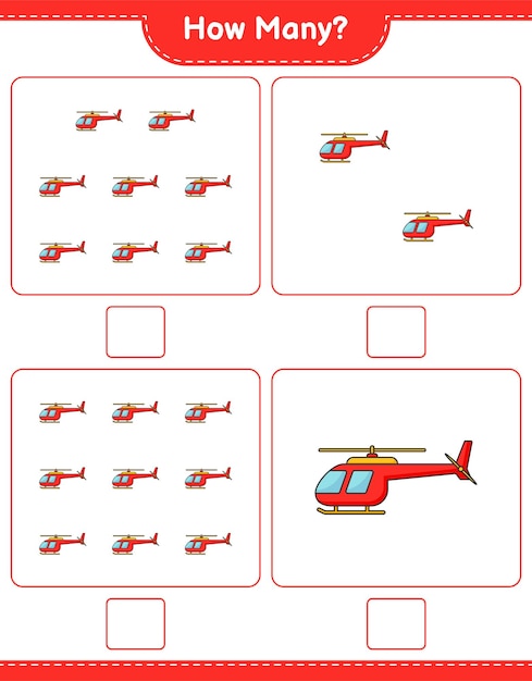 Conteggio del gioco quante illustrazioni vettoriali per fogli di lavoro stampabili per bambini in elicottero