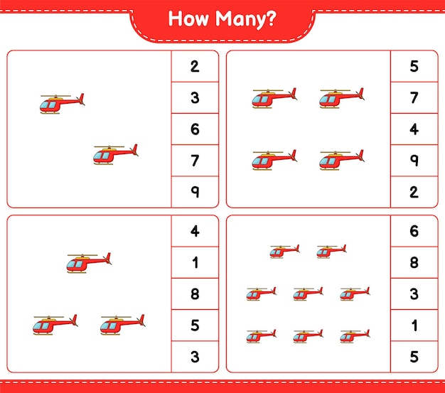 Counting game how many helicopter educational children game printable worksheet vector illustration