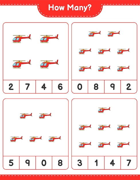 Counting game how many helicopter educational children game printable worksheet vector illustration