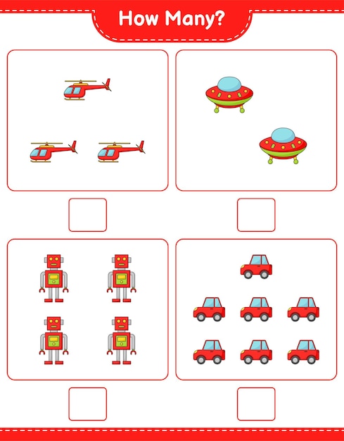 Подсчет игры, сколько вертолетов Ufo Robot и Car Развивающие детские игры для печати векторная иллюстрация листа