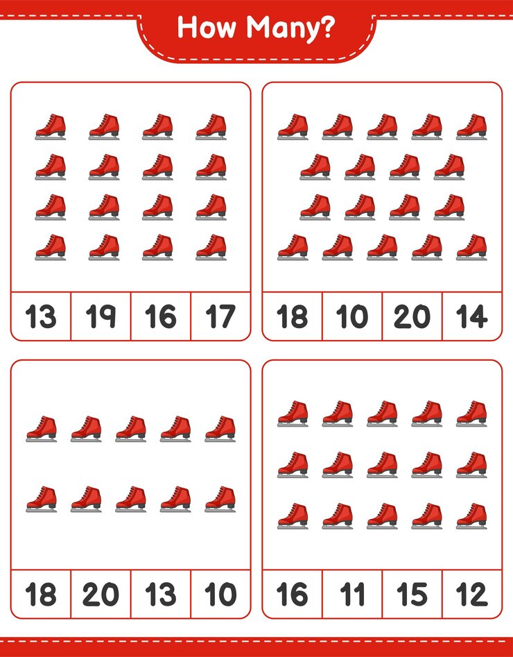 Vector counting game how many ice skates educational children game printable worksheet