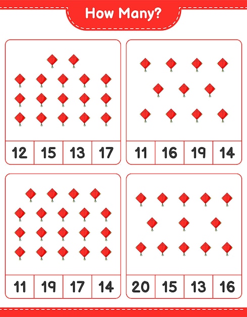 Counting game how many Kite Educational children game printable worksheet vector illustration