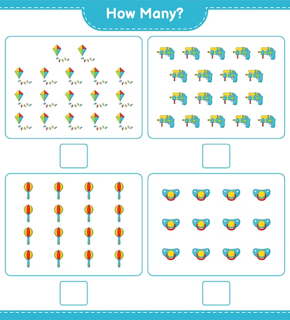 Counting game how many Kite Water Gun Baby Rattle and Pacifier Educational children game printable worksheet vector illustration