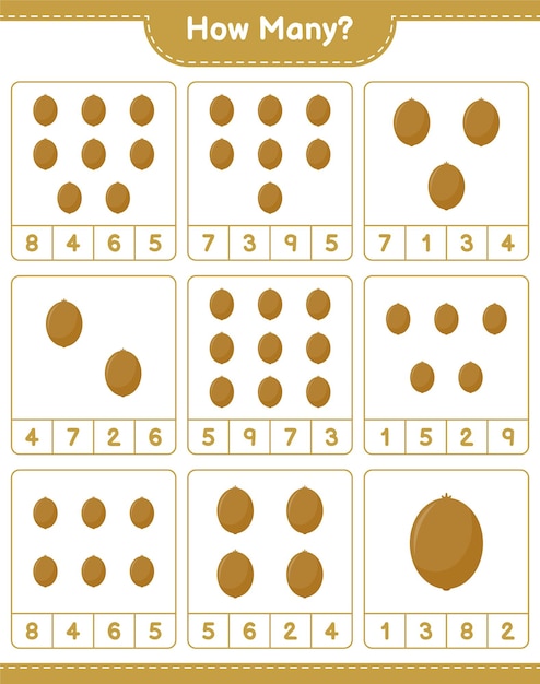 카운팅 게임, 얼마나 많은 키위. 교육용 어린이 게임, 인쇄 가능한 워크 시트