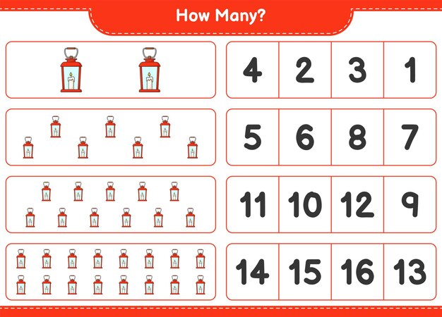 Counting game, how many Lantern. Educational children game, printable worksheet, vector illustration