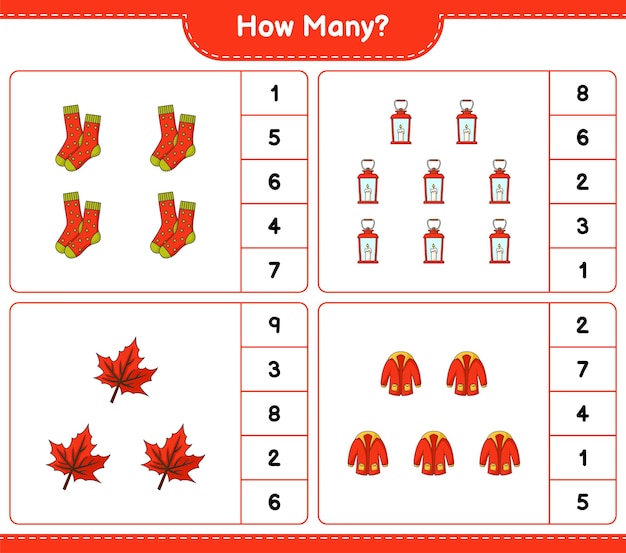 Counting game, how many Lantern, Socks, Warm Clothes, and Maple Leaf. Educational children game, printable worksheet, vector illustration