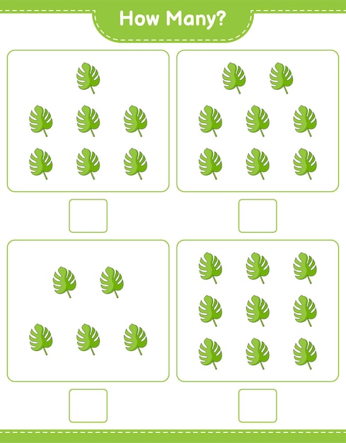 계산 게임, 얼마나 많은 Monstera. 교육용 어린이 게임, 인쇄 가능한 워크 시트