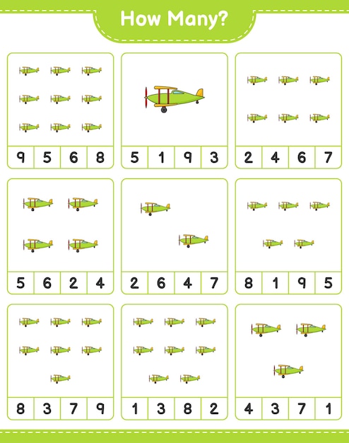 Counting game how many Plane Educational children game printable worksheet vector illustration