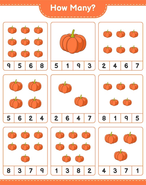 Conteggio del gioco, quante zucca. gioco educativo per bambini, foglio di lavoro stampabile, illustrazione vettoriale