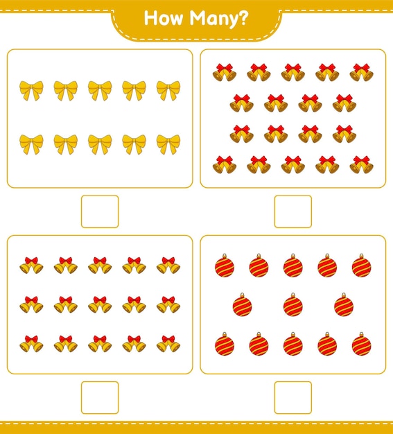 카운팅 게임, 리본, 크리스마스 볼, 크리스마스 벨의 수. 교육 어린이 게임, 인쇄용 워크시트, 벡터 일러스트 레이 션