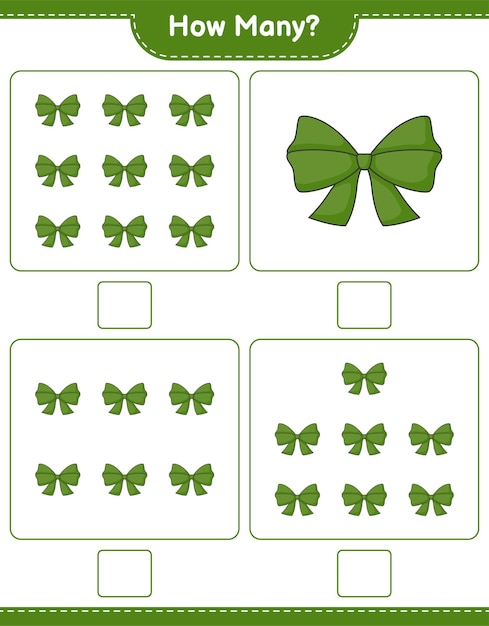 계산 게임, 얼마나 많은 리본. 교육 어린이 게임, 인쇄용 워크시트, 벡터 일러스트 레이 션