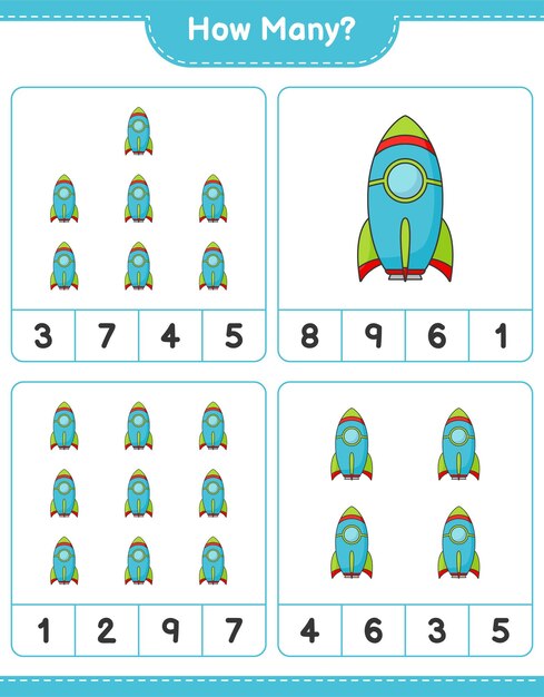 ゲームを数えるロケット教育の子供たちのゲームの印刷可能なワークシートのベクトル図