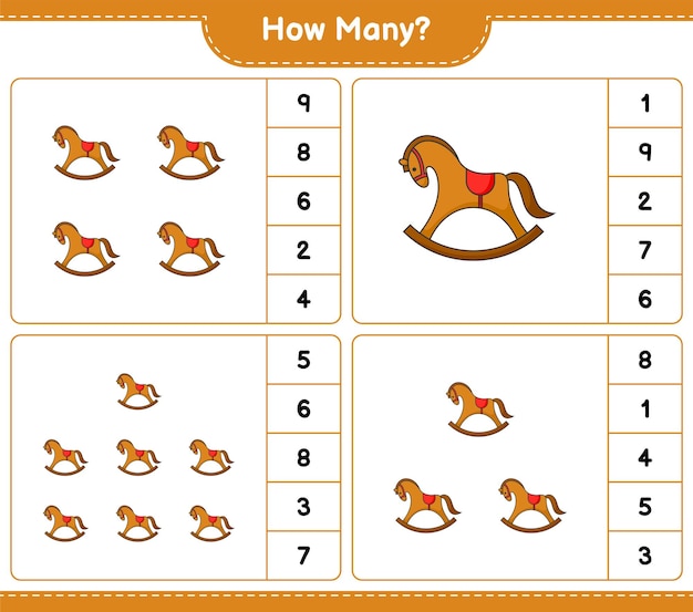 Подсчет игры, сколько лошадок-качалок образовательная детская игра для печати на векторной иллюстрации листа