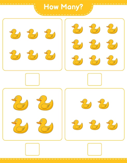 Counting game how many Rubber Duck Educational children game printable worksheet vector illustration