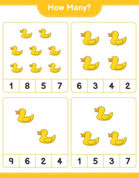 Counting game how many Rubber Duck Educational children game printable worksheet vector illustration