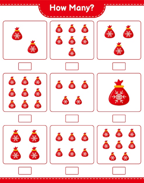 Counting game, how many Santa Claus Bag. Educational children game, printable worksheet,  illustration