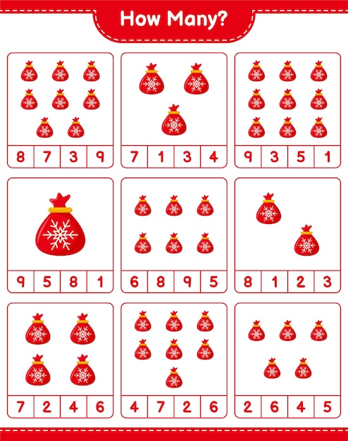 Counting game, how many Santa Claus Bag. Educational children game, printable worksheet