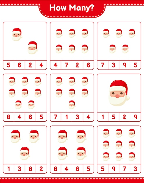 Counting game, how many santa claus. educational children game, printable worksheet