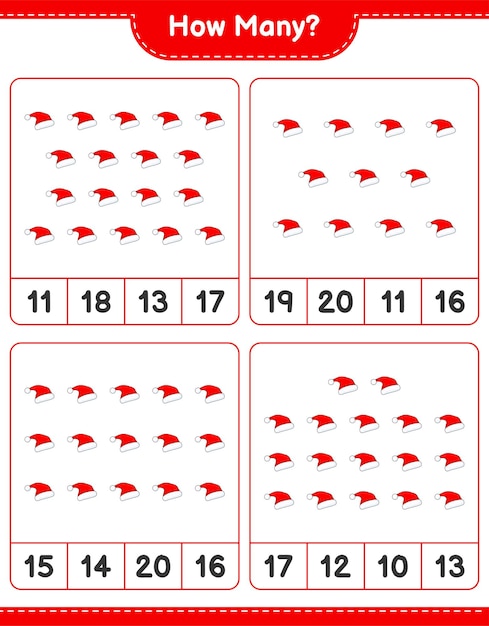 Counting game, how many Santa Hat. Educational children game, printable worksheet, vector illustration