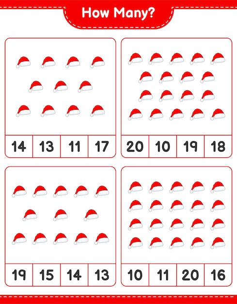Counting game, how many Santa Hat. Educational children game, printable worksheet, vector illustration