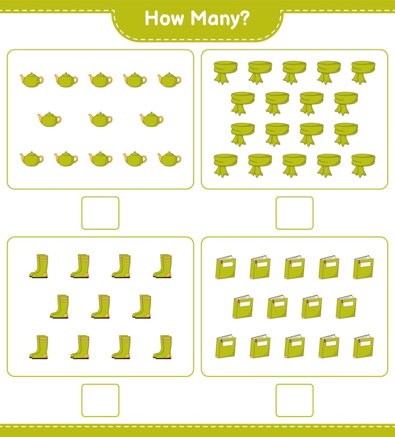 카운팅 게임, 스카프, 책, 고무 장화 및 주전자의 수. 교육 어린이 게임, 인쇄용 워크시트, 벡터 일러스트 레이 션