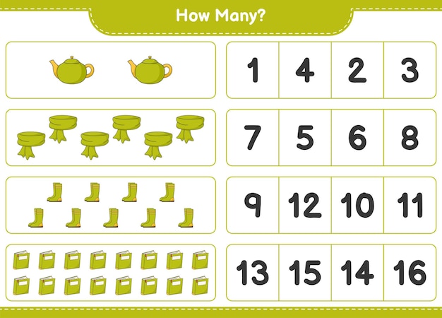 Counting game, how many Scarf, Book, Rubber Boots, and Teapot. Educational children game, printable worksheet, vector illustration