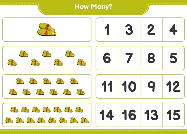 Counting game, how many slippers. educational children game, printable worksheet, vector illustration