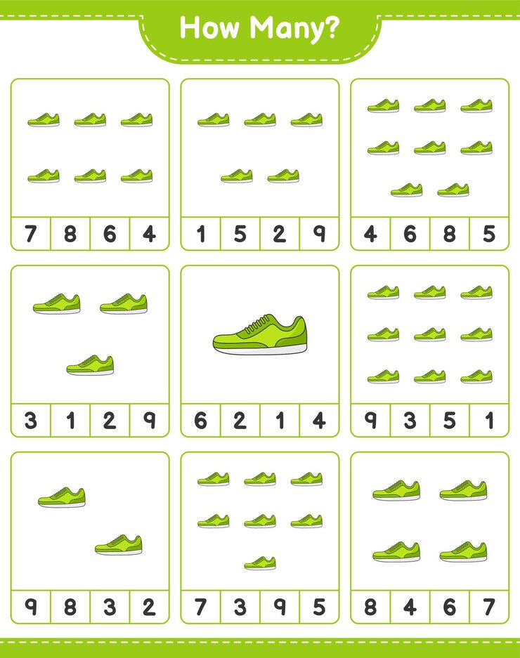 Vector counting game, how many sneaker. educational children game, printable worksheet, vector illustration
