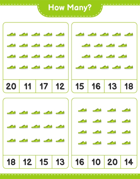 カウントゲーム、スニーカーの数。教育的な子供たちのゲーム、印刷可能なワークシート、ベクトル図