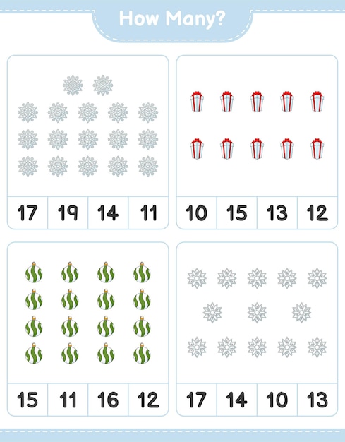 Counting game, how many snowflake, christmas ball, and gift box. educational children game, printable worksheet, vector illustration