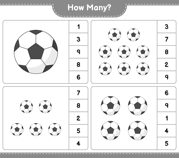 Подсчет игры, сколько футбольного мяча образовательная игра для детей лист для печати