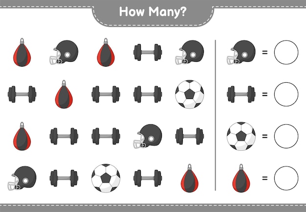 Подсчет игры, сколько футбольного мяча, футбольного шлема, гантелей и боксерской груши
