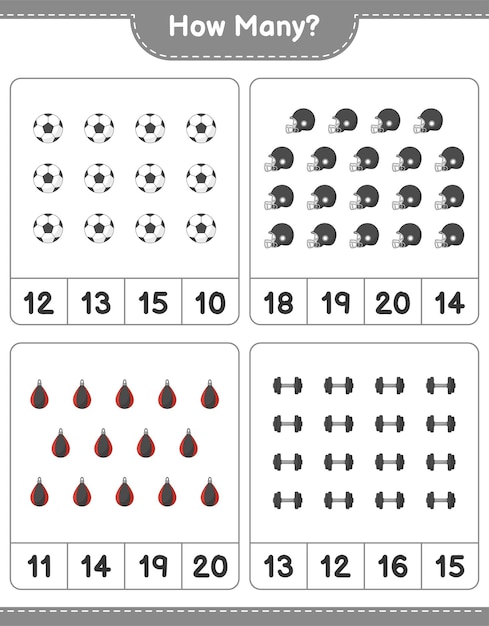 Counting game how many Soccer Ball Football Helmet Dumbbell and Punching Bag