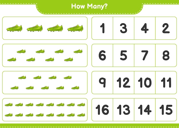 Vector counting game, how many soccer shoes. educational children game, printable worksheet, vector illustration