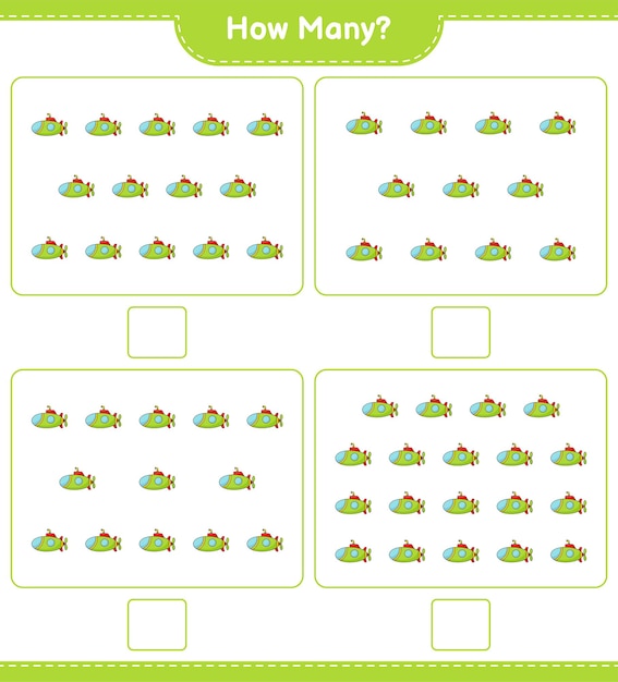 Counting game how many Submarine Educational children game printable worksheet vector illustration