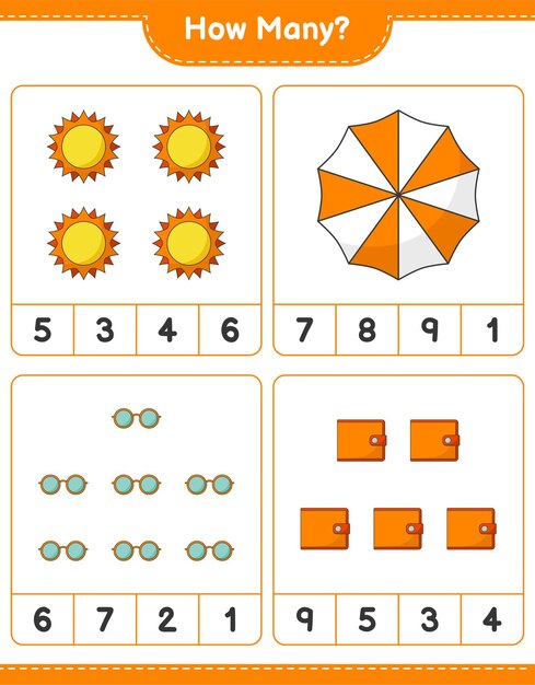 カウントゲーム、太陽、ビーチパラソル、ウォレット、サングラスの数。教育的な子供向けゲーム、印刷可能なワークシート