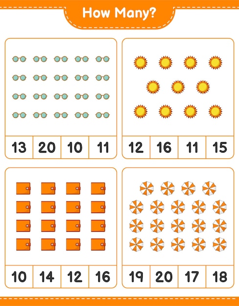 カウントゲーム、太陽、ビーチパラソル、ウォレット、サングラスの数。教育的な子供向けゲーム、印刷可能なワークシート