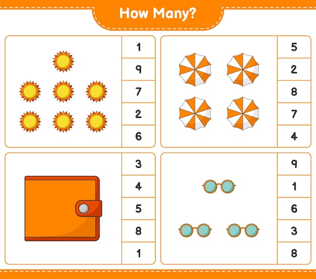 Counting game, how many Sun, Beach Umbrella, Wallet, and Sunglasses. Educational children game, printable worksheet 