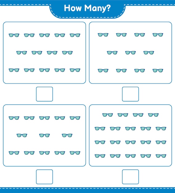 Counting game, how many Sunglasses. Educational children game, printable worksheet 