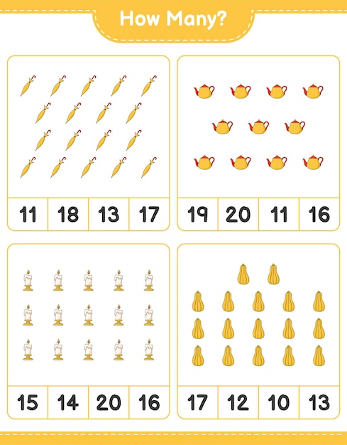 세는 게임, 찻주전자, 양초, 버터넛 스쿼시, 우산이 몇 개인지. 교육 어린이 게임, 인쇄용 워크시트, 벡터 일러스트 레이 션