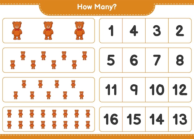 계산 게임 얼마나 많은 테디 베어 교육 어린이 게임 인쇄용 워크 시트 벡터 일러스트 레이 션