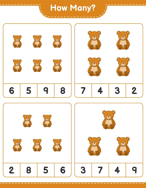 Conteggio del gioco quanti teddy bear educational bambini gioco stampabile foglio di lavoro illustrazione vettoriale