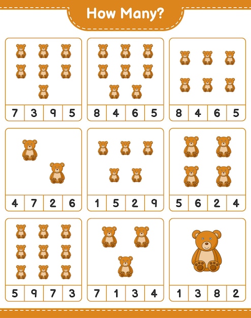 Подсчет игры, сколько плюшевых мишек Образовательная детская игра для печати векторная иллюстрация листа